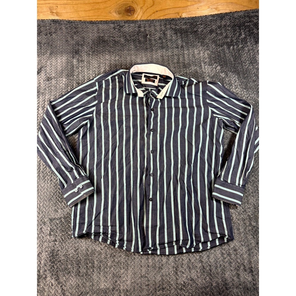 Tiglio Luxe Doppio Ritorto Dress Shirt Mens 18.5 Blue Striped Cotton Business